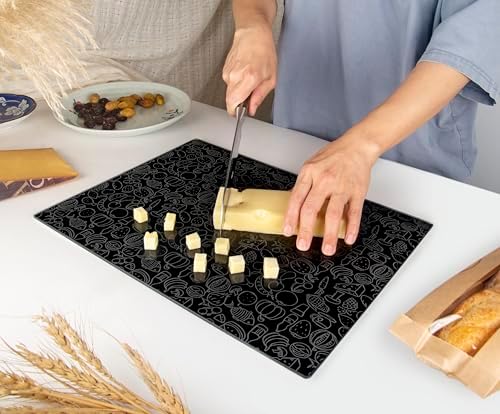 Kitchenville Glass Cutting Board 16"x12": Tempered Glass Kitchen Counter Protector - Durable- Scratch-Resistant, Heat-Proof - Design 4 - Black Design