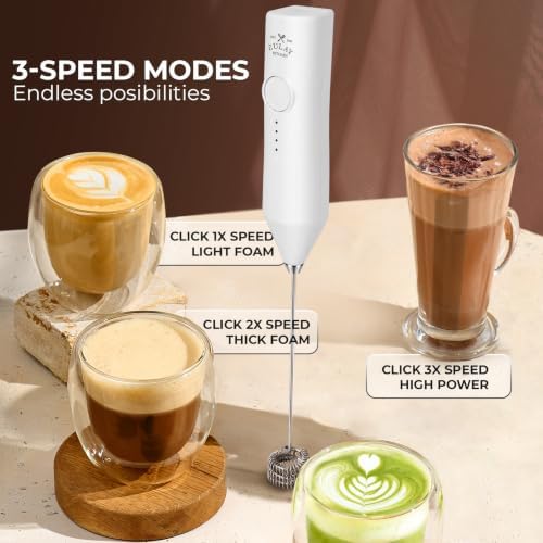 Zulay Kitchen Rechargeable Milk Frother Handheld - Frother Wand, Drink Mixer, Electric Whisk Frother, for Cappuccinos, Matcha & Protein Powder - Dynamic Triple Whisk, 3 Speed 500mAh White
