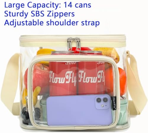 FlowFly Insulated Reusable Lunch Bag Adult Large Lunch Box for Women and Men with Adjustable Shoulder Strap,Front Zipper Pocket and Dual Large Mesh Side Pockets,Clear#Biege