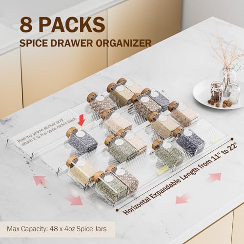PanPanPal Spice Drawer Organizer, 8 Pack Clear Seasoning Organizer Rack