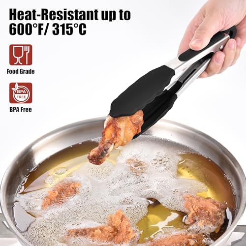 Doosu Kitchen Tongs with Silicone Tips for Cooking Serving (7in, Black)