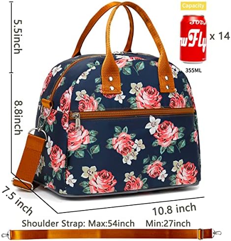 FlowFly Insulated Lunch Bag With Shoulder Strap for Women, Men, and Kids, Large and Reusable, Handle, Freezable Work and School Travel Tote and Meal Prep Organizer,Peony