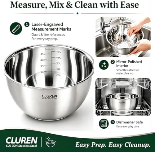 304 Stainless Steel Mixing Bowls Set, 3-Piece (1.5, 3 & 5 QT)
