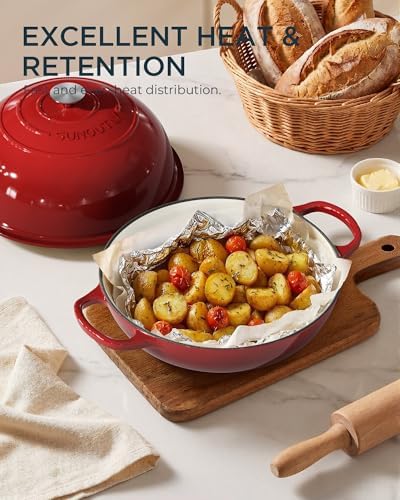 Enameled Cast Iron Bread Oven, 6QT Cast Iron Dutch Oven for Homemade Sourdough Bread Baking, Round Bread Pot with Dome Lid & Cotton Potholders, Cherry Red