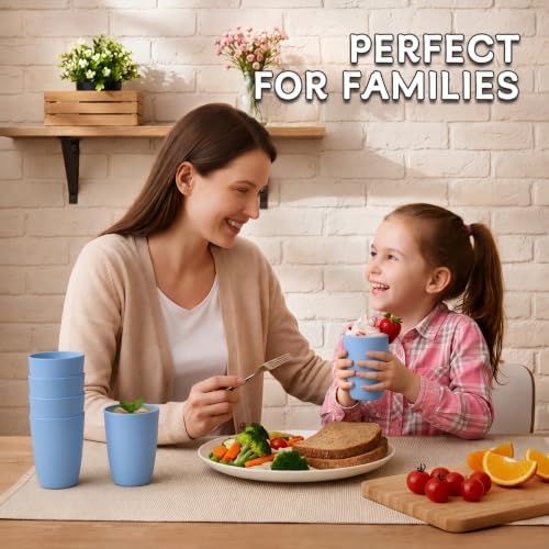 Wrova Wheat Straw Cups 6 PCS Good Alternative to Plastic Reusable Cups 12 oz Unbreakable Drinking Cup Reusable Dishwasher Safe Water Plastic Glasses Light Blue
