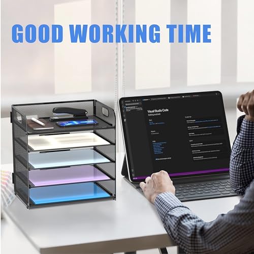 SUPEASY 2 Pack 5-Tier Desk Organizer with Handle Mesh Desk File/Paper Organizer Letter Tray for Office, School and Home Easy Installation,Black