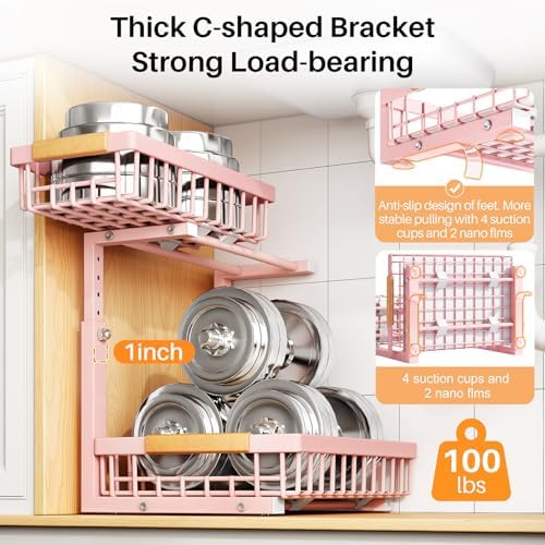 PXRACK Under Sink Organizer, Adjustable Height, 2 Tier Pull Out Under Cabinet Organizer, Slide Out Thickened Metal Under Sink Storage for Kitchen Bathroom Laundry Pantry Cabinet, Pink, Large-1-Pack