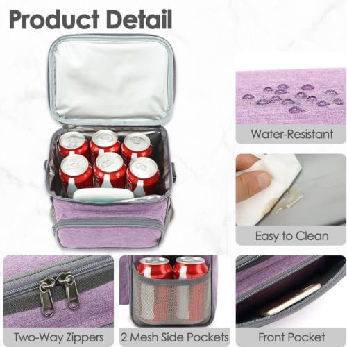 FlowFly Insulated Reusable Lunch Bag Adult Large Lunch Box for Women and Men with Adjustable Shoulder Strap,Front Zipper Pocket and Dual Large Mesh Side Pockets,Purple