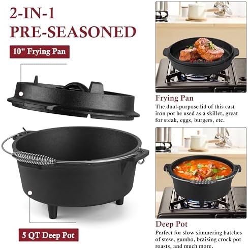 Leonyo 5QT Camping Dutch Oven with Lid Lifter, Pre-Seasoned & Cast Iron