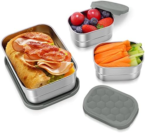 Tanjiae 3 CUP+1 CUP Stainless Steel Lunch Snack Containers Set | Leak Proof 304 Stainless Steel Food Containers with Silicone Lids - Perfect Metal Lunch Box for School and Daycare (25oz+8oz*2)