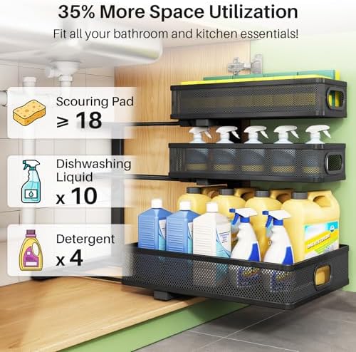 Kitstorack Under Sink Organizer, 2-Pack 3-Tier Height Adjustable Thickened Metal Pull out Cabinet Organizer Shelf, Slide out Storage Drawer Rack for Bathroom Kitchen Pantry Home Laundry Organization