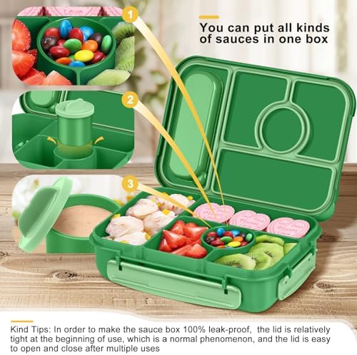 Amathley Bento Box Adult Lunch Box Kids,Lunch Containers for Adults/Kids/Toddler,5 Compartments Bento Lunch Box with Sauce Vontainers,Microwave & Dishwasher & Freezer Safe,BPA-Free (Emerald green)
