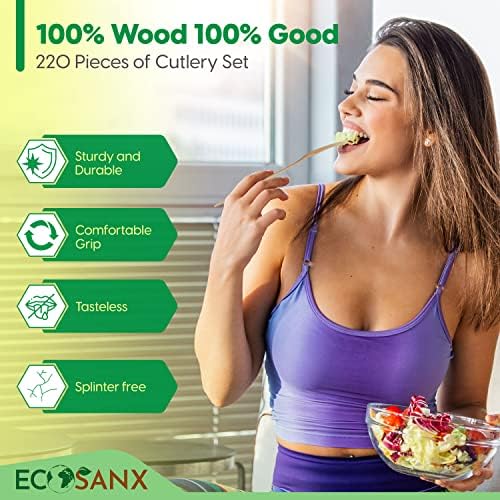 ECOSANX® 220 PCs Disposable Wooden Cutlery set 6.3" Splinter Free Compostable Utensils for party, Eco-Friendly, 100% All-Natural Bamboo Utensils set for picnic, Bamboo cutlery set for Events & More