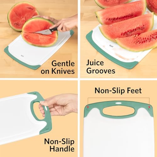 Glad Cutting Boards for Kitchen - 3pc Cutting Board Set with Juice Grooves and Non Slip Handles - Assorted Sizes for Meat, Vegetables, and Fruit - Non Porous, Dishwasher Safe, Teal Green