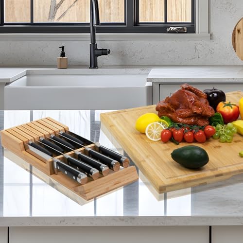 Utoplike Knife Drawer Organizer, Bamboo Knives Block for Kitchen Drawers