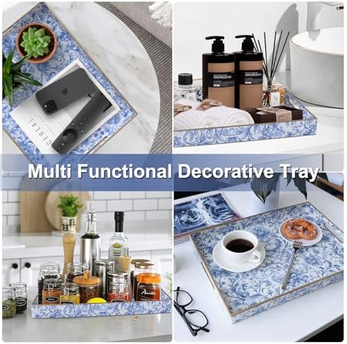 Serving Tray with Handles, Rectangular Plastic Tray 15.75x11.81 Inch, Blue and White Peony Chinese Porcelain Style Decorative Tray for Kitchen, Dining Table, Vanity, Office & Home