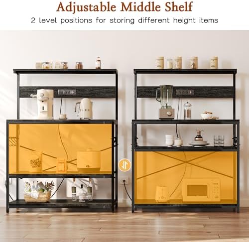 SUPERJARE Bakers Rack with Power Outlets, Microwave Stand, 39.4 X 14.3 Inch Larger Desktop, Kitchen Storage Rack with Adjustable Middle Shelf, 6 S-Shaped Hooks, Coffee Bar Stand, Black