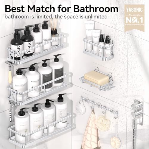 YASONIC Shower Caddy Adhesive, Rustproof Shower Organizer with Soap Holder, Large Capacity Shower Shelves for Inside Shower, No Drilling Bathroom Organizers and Storage for Home Decor（6 Pack Silver）
