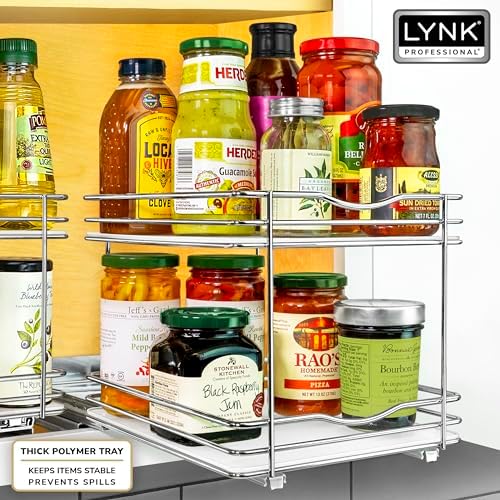 LYNK PROFESSIONAL® Pull Out Spice Organization for Cabinets - 8-3/8 inch Wide – Spice Rack for Inside Cabinets, Slide Out Spice Rack Organizer for cabinet – Pull Out Spice Rack, Sliding 2 Tier Chrome