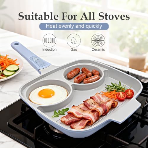 RANX INGST 10 Inch Grill Pan with Lid, 3 Section Nonstick Ceramic Egg Pan with Detachable Handle, Square Grill Skillet All Stove Compatible - Blue