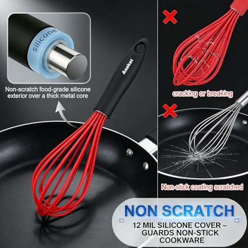 Anaeat Silicone Whisk, Thick Stainless Steel Wire Inner - Heat Resistant Kitchen Whisks for Non-Stick Cookware, Balloon Egg Beater for Whisking, Blending, Beating, Frothing & Stirring (Red)