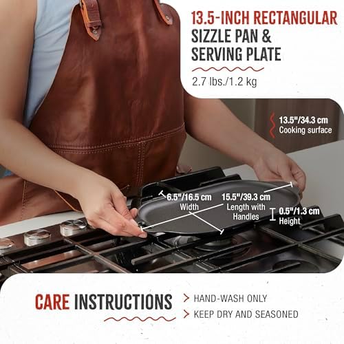 Victoria 13.5-Inch Rectangle Cast Iron Sizzle Pan, Preseasoned Grill and Baking Pan for Fajitas and Steaks, Made in Colombia
