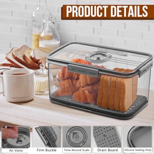 Gifhomfix Bread Box Bread Boxes for Kitchen Counter Airtight, Time Recording Bread Storage Container with Lid, Bread Keeper for Homemade Bread, Toast, Bagel, Donut and Cookies, LARGE Dark Grey