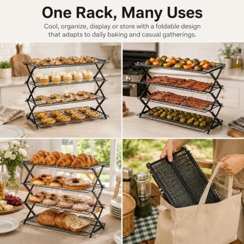 4 Tier Collapsible Cooling Racks for Baking, Adjustable Wire Cooling Rack, Stackable Roasting Cooking Drying Cooling Racks for Cookies, Bread and Picnic Party Must Haves
