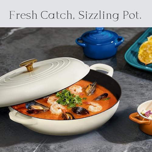 CAROTE 3.4QT Enamel Cast Iron Cookware, Skillet with Lid, White Dutch Oven