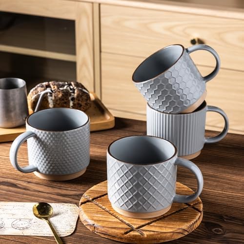 GBhome 12 OZ Stackable Coffee Mugs Set of 4, Ceramic Coffee Cups Set
