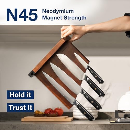 Gourmetop Magnetic Knife Block with Sharpener, Double Sided, Dark Acacia