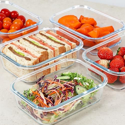 KOMUEE 30 oz 5 Pack Glass Meal Prep Containers with Lids, Gray
