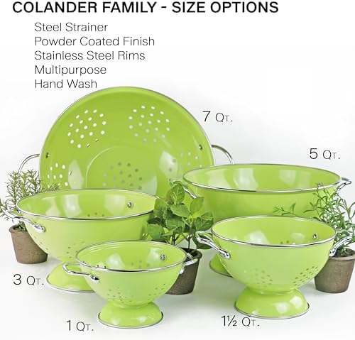 Reston Lloyd, 3 Quart Powder Coated Steel Kitchen Strainer Basket for draining Pasta, Vegetable and Fruit, Chrome Handles and Wide Stable Base, Lime
