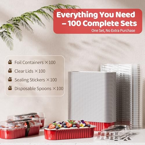 100 Pack Mini Loaf Pans with Lids and Spoons, 6.8oz Mini Cake Pans for Baking, Disposable Rectangle Aluminum Foil Small Loaf Baking Pans Cake Tins, Individual Small Cake Containers with Sticker, Red