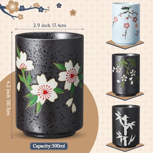 Qinyoung 4 Pcs Japanese Tea Cups Ceramic 10 oz No Handle, Flower， Bamboo
