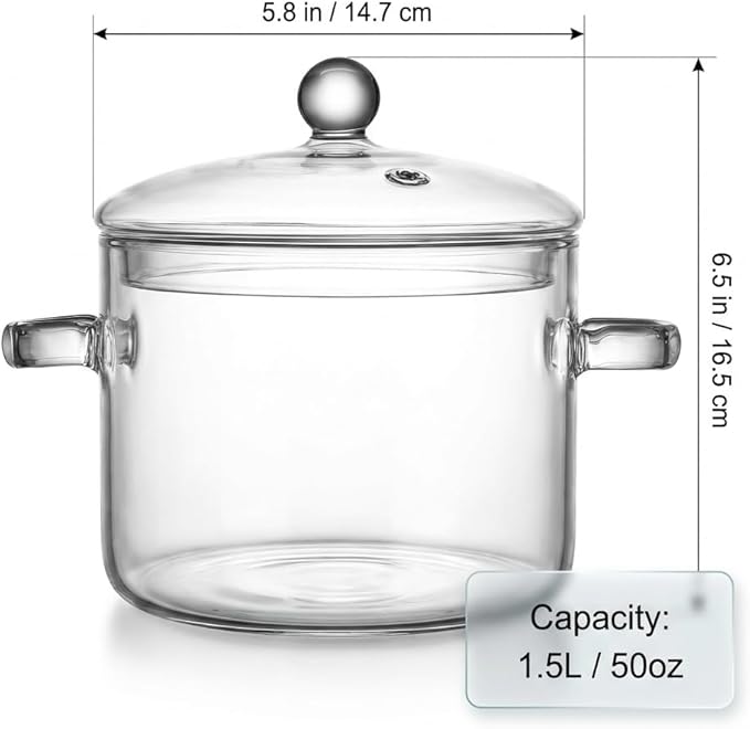 Clear Glass Pot, 1.5L, Cooking Pot with Lid and Handle, Clear Saucepan, Resistant Borosilicate Pot, Glass Saucepan for Cooking On Stove - Ideal for 1 People (50oz)