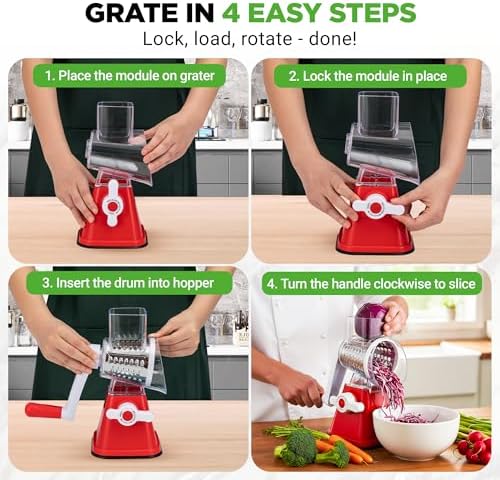 Nutrichef 3 in 1 Cheese Grater & Shredder | Strong Suction Base, Rotary Handle with Safety Lock | Includes Hand Crank & 3 Drum Blades for 3 Textures, Fine, Medium & Strips | Red