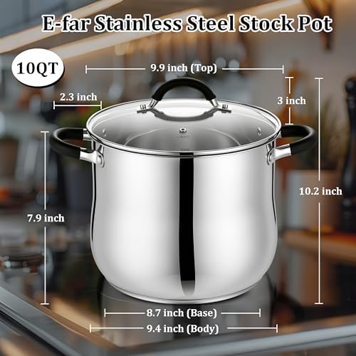 E-far 10 Quart Stock Pot, Stainless Steel Pot for Cooking Soup Simmering Stew, Tall Induction Pot with Visible Lid, Large Pot w/Tri-Ply Base & Dual Heat Proof Handles, Non-Toxic & Dishwasher Safe