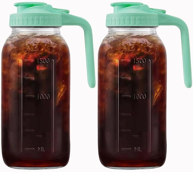 2 Pack 64oz (2 quart) Glass Pitcher with Handle and Lid, Mason Jar Pitcher