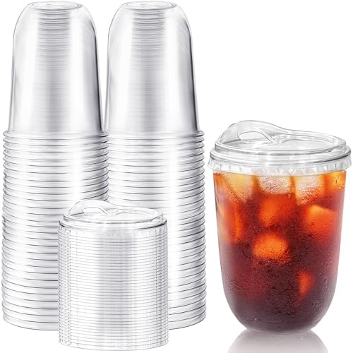 50 Pack 16 oz Clear Plastic Iced Coffee Cups with Strawless Sip Lids