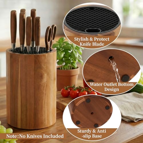 Ninonly Round Acacia Wood Knife Block Without Knives