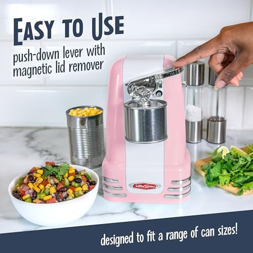 Nostalgia Retro Electric Can Opener for Kitchen with Magnetic Lid Remover, Knife Sharpener, and Soda or Beer Bottle Opener, Pink