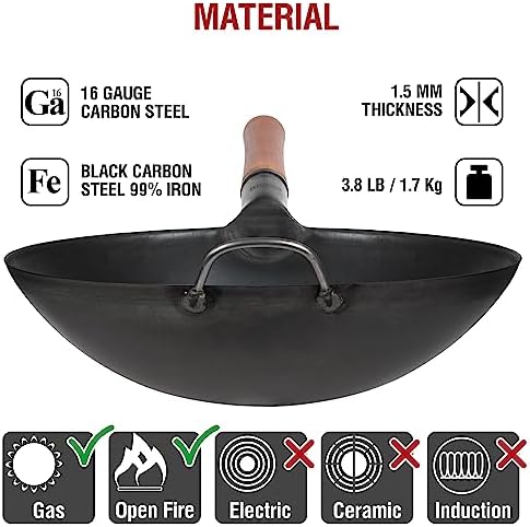 YOSUKATA 14" Carbon Steel Wok Pan Set - Pre-Seasoned, 17" Wok Spatula & Ladle - Heat-Resistant, Dishwasher Safe