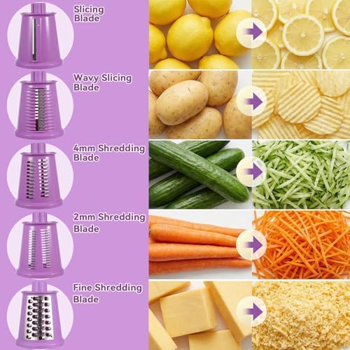 Upgrade Rotary Cheese Grater Shredder with Handle, Strong Suction Base, Multi-purpose Rotary Grater Slicer with 5 Interchangeable Blades for Ice, Vegetables, Fruit, Nuts with Blade Storage Box