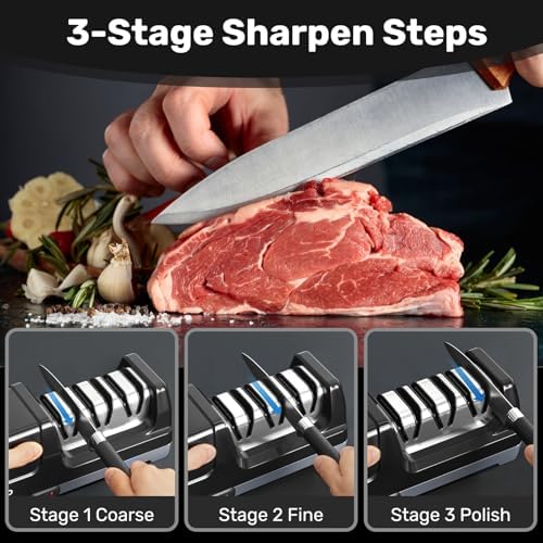 Enutogo Knife Sharpener, 3-Stage Electric Knife Sharpener for Kitchen Knives, 100% Diamond Abrasive with Quick Sharpening & Polishing, Professional Sharpening Tool with Metal Dust Collection Box