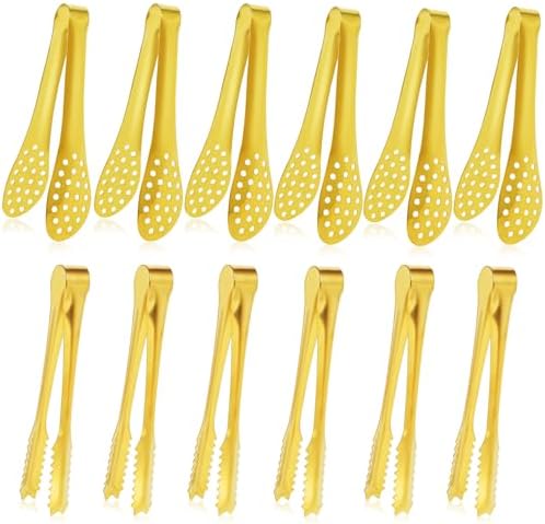 JCREN 12 Pack Mini Tongs - Small Stainless Steel Food Tongs for Serving Appetizers, Tea Party, Coffee, Desserts - 5 inch - Gold