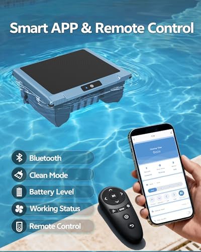 T1B Solar Powered Pool Skimmer Robot, Automatic Robotic Pool Surface Skimmer Cleaner with 24/7 Cleaning, Auto-Dock, Dual Charging Modes, Inground & Above-Ground Pools(Blue)