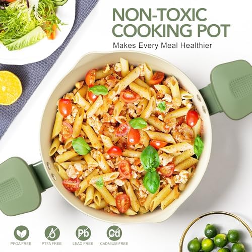 MICHELANGELO 6 Qt Ceramic Nonstick Pasta Pot with Strainer Lid, Roden Green