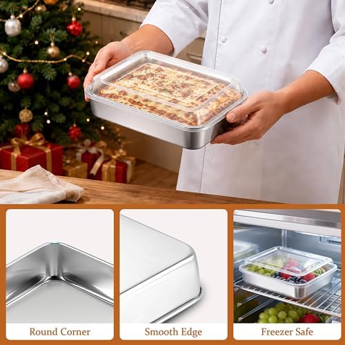 LIANYU 10 x 8 x 2 Inch Rectangular Baking Pan with Lid, 4 Pack Stainless Steel Sheet Cake Pan Set, Brownie Lasagna Bakeware for Kitchen Cooking, Dishwasher & Oven Safe (4 Pan +4 Lid)