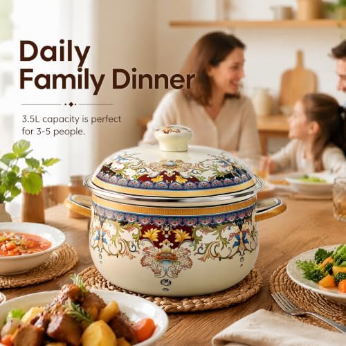 ZENFUN Kitchen Enamel Stockpot with Lid, 3.7 Quart Vintage Nonstick Steamer Pot, Thicken Large Soup Pot with Handles Retro Flower Cooking Stew Bean Pot, Safe for Induction Cookers